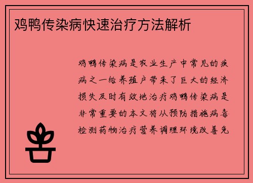 鸡鸭传染病快速治疗方法解析